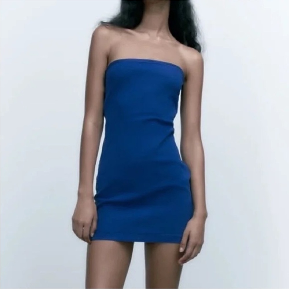 Zara NWT S blue bandeau Strapless Bodycon mini fitted cotton Dress